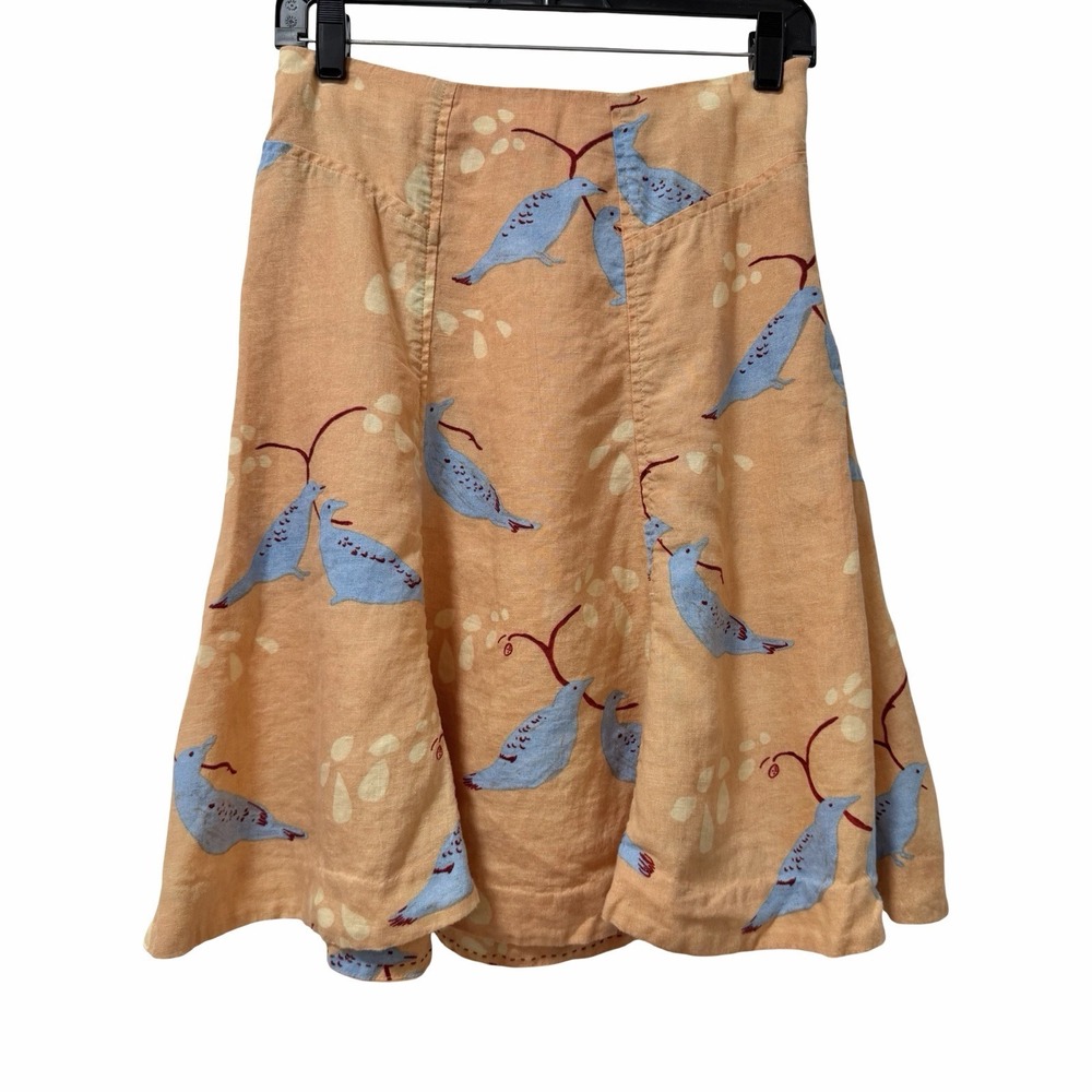 Anthropologie Meadow Rue Bird Print Linen A-Line Skirt Size‎ 0 Orange Boho Artsy